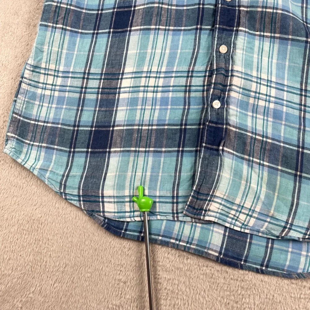 LL Bean Shirt Men LT Large Tall Blue Plaid 100% Linen Slightly Fitted Button Up - Picture 7 of 12